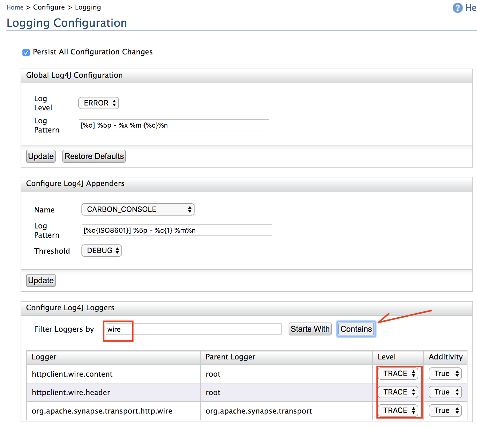 logging configuration wso2