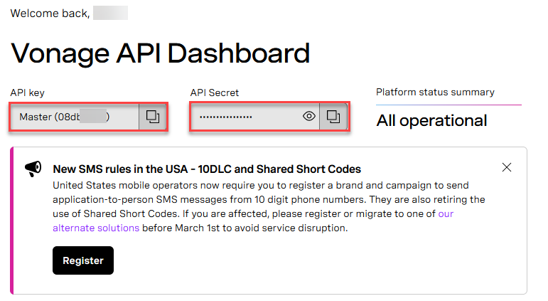 Vonage API Dashboard